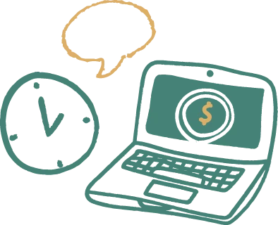 En laptop med en klocka och pratbubbla vid sidan